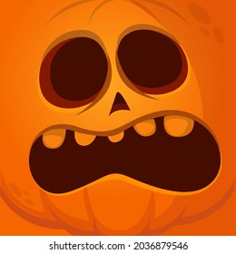 Cartoon grim angry Halloween pumpkin head with scary face expression. Vector illustration of jack-o-lantern monster character design with carved emotion isolated
