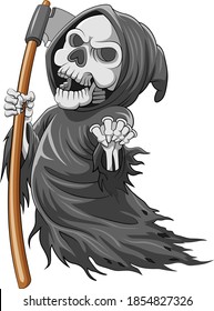 The cartoon of the grim reaper with bone and holding the scythe full of color 