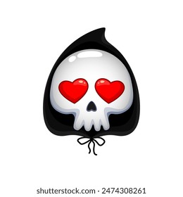 Cartoon Grim Reaper death Halloween emoji. October horror holiday human creepy skull in black hood and red hearts eyes personage sticker, Halloween holiday death funny emoji isolated vector icon