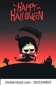 Cartoon grim reaper. Death skeleton illustration.  Halloween layout design for poster or invitation