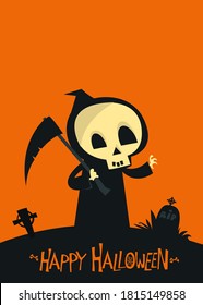 Cartoon-Grimmerpapier. Death Skeleton Illustration.  Halloween-Layout-Design für Poster oder Einladung