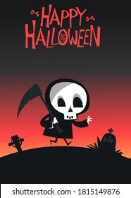 Cartoon grim reaper. Death skeleton illustration.  Halloween layout design for poster or invitation