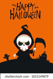 Cartoon grim reaper. Death skeleton illustration.  Halloween layout design for poster or invitation