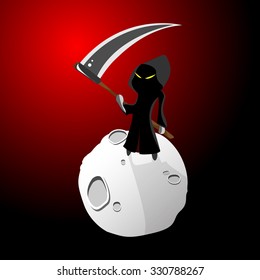 Cartoon Grim Reaper Hold Scythe Flat Vector Illustration