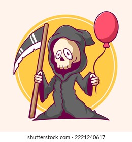 Cartoon grim reaper holding a balloon vector illustration