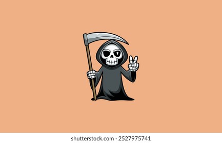 Cartoon grimmiger Reaper mit einer Sense und blinkendem Friedenszeichen