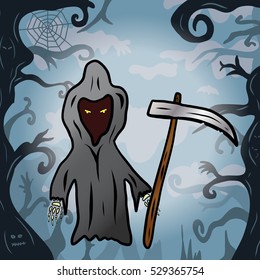 Cartoon grim reaper holding a scythe in a spooky forest