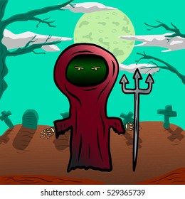 Cartoon grim reaper holding a trident in a spooky graveyard