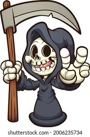 Cartoon Grim reaper making the peace sign. Vector clip art illustration with simple gradients. All on a single layer. 
