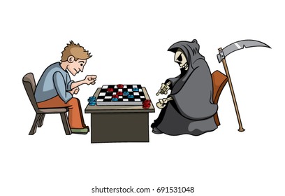 Cartoon Grim Reaper playing checkers with a man