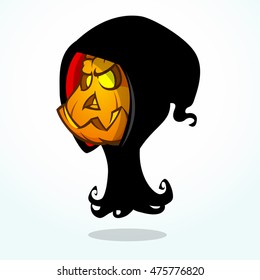 Cartoon grim reaper pumpkin isolated on white. Halloween vector illustration of pumpkin head in black hood