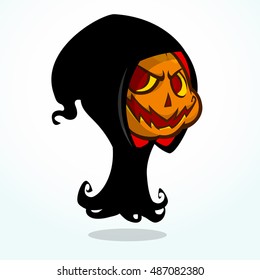 Cartoon grim reaper pumpkin isolated on white. Halloween vector illustration of pumpkin head with smiling expression in black hood