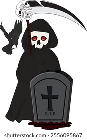 Cartoon grim reaper with scythe grave raven vector