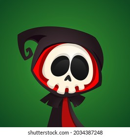 Cartoon grim reaper with scythe. Halloween scary death character illustration. Party poster or greeting funny invitation card 