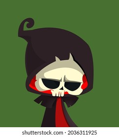 Cartoon grim reaper with scythe. Halloween scary death character illustration. Party poster or greeting funny invitation card 