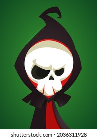 Cartoon grim reaper with scythe. Halloween scary death character illustration. Party poster or greeting funny invitation card 