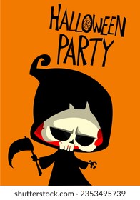 Cartoon grim reaper with scythe. Halloween scary death character illustration. Party poster.