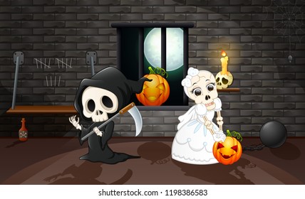 Cartoon grim reaper and skull bride