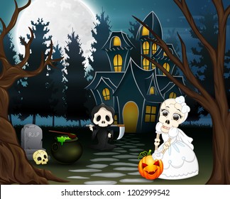 Cartoon of grim reaper and skull bride in the halloween day
