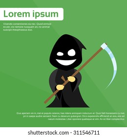 Cartoon Grim Reaper Smile Hold Scythe Flat Vector Illustration
