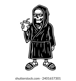 CARTOON GRIM REAPER WITH SUNGLASSES AND COCKTAIL BLACK WHITE BACKGROUND