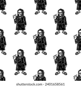 CARTOON GRIM REAPER WITH SUNGLASSES AND COCKTAIL SEAMLESS PATTERN BLACK WHITE BACKGROUND