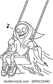 Cartoon grim reaper swinging on teeterboard. Vector outline for coloring book