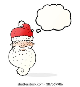 cartoon grim santa face with thought bubble