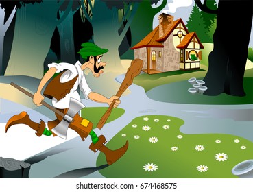 cartoon grim and serious woodcutter with an ax in the forest

