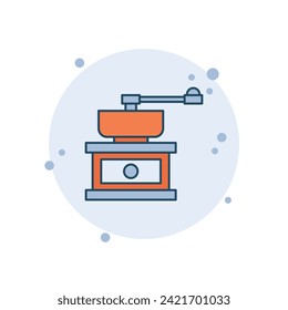 Ilustración vectorial del icono del café de molino de dibujos animados. Cafetera sobre fondo de burbujas. El concepto de los granos de café grind firma.