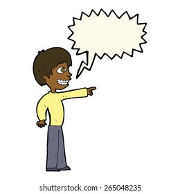cartoon grinning boy pointing with speech bubble