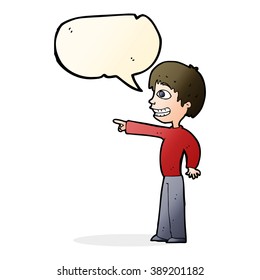 niño molido de caricatura apuntando con burbuja de habla