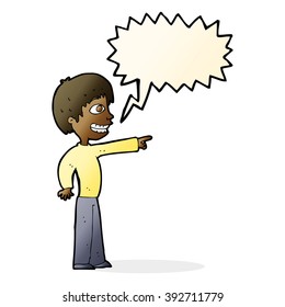 cartoon grinning boy pointing with speech bubble