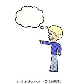 cartoon grinning boy pointing with thought bubble