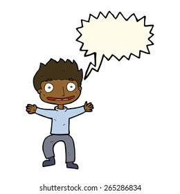 cartoon grinning boy with speech bubble