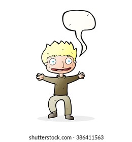 cartoon grinning boy with speech bubble