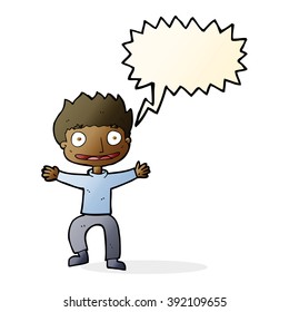 cartoon grinning boy with speech bubble