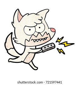 cartoon grinning fox with remote control