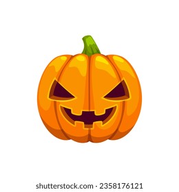 Cartoon grinsende Halloween Kürbis Gesicht Emoji mit breiten Augen und zahnähnlichem Lächeln. Das Emoticon der isolierten Vektorbuchslaterne mit unscharfem Ausdruck erweckt den festlichen Geist und den sprichwörtlichen Spaß am Urlaub