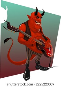 Cartoon grinning horned demon with a electric guitar