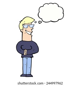 cartoon grinning man with glasses with thought bubble