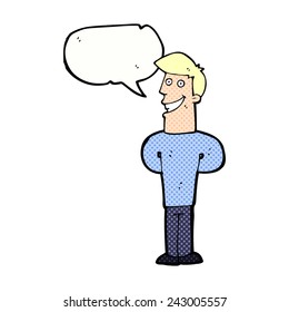 cartoon grinning man with speech bubble