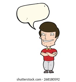 cartoon grinning man with speech bubble