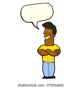 cartoon grinning man with speech bubble