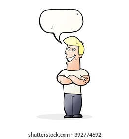 cartoon grinning man with speech bubble
