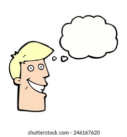 cartoon grinning man with thought bubble