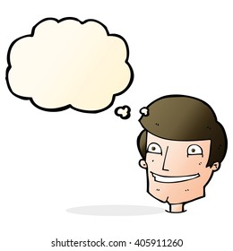cartoon grinning man with thought bubble