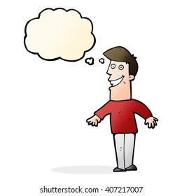 cartoon grinning man with thought bubble