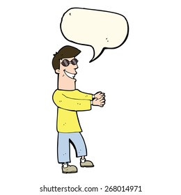 cartoon grinning man wearing glasses with speech bubble