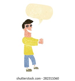 cartoon grinning man wearing glasses with speech bubble